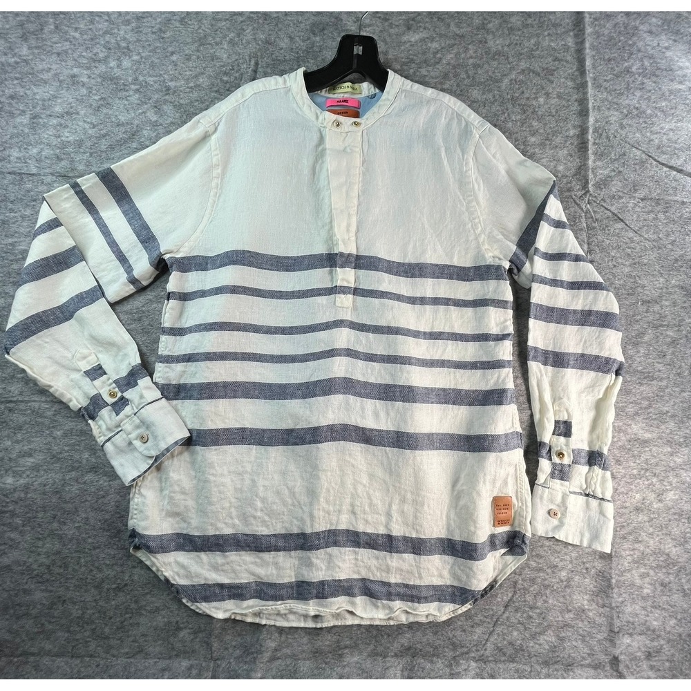 SCOTCH & SODA Mens L Linen Shirt White Stripe Long Sleeve Paradise of Sun